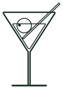 This image shows a line drawing of a martini glass with an olive and a straw inside.