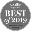 Gray circular badge with text "Seattle Magazine Best of 2019 Readers' Choice Winner."