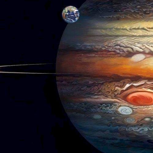 An artistic depiction of Jupiter with its Great Red Spot, Saturn's rings, and a view of Earth in space.