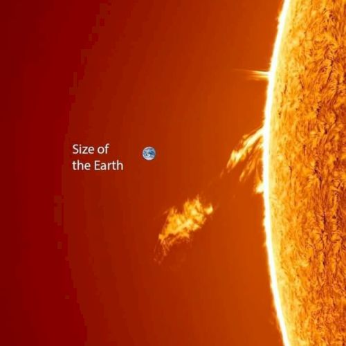 This image shows a portion of the Sun with a label comparing the size of Earth to the Sun, illustrating the vast difference in scale.