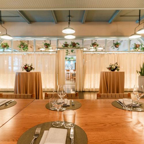 A cozy dining setup with a long wooden table, place settings, and soft window curtains; ambient lighting and potted plants decorate the space.
