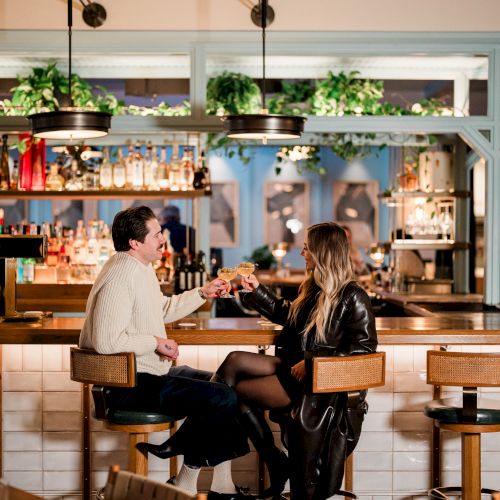 Two people toast drinks at a cozy bar with warm lighting, stools, and plants on a shelf behind the counter.