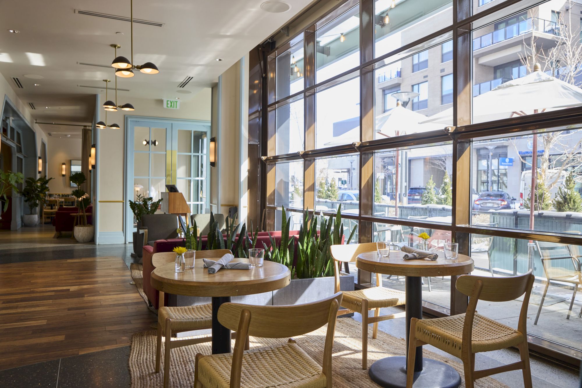 The image shows a modern cafe interior with wooden floors, tables, and chairs, featuring large windows and potted plants by the seating.