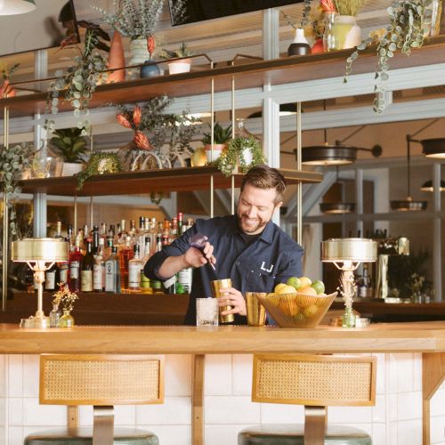 A bartender is making a drink at a stylish bar with hanging plants and a variety of bottles behind him.